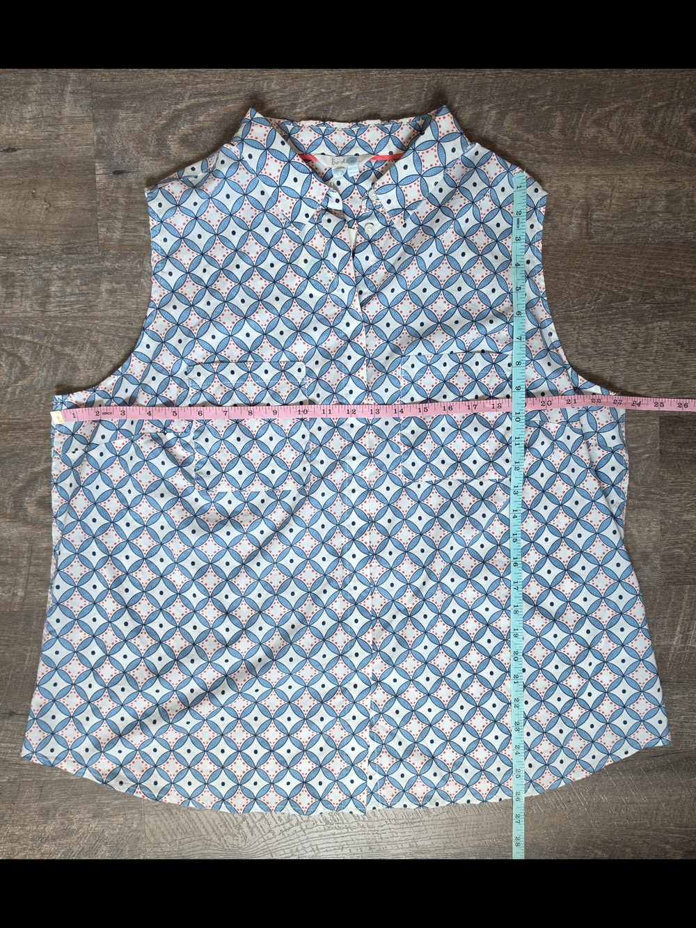 Boden Sleeveless Button Down Blouse Womens 18 Blue & Cream Geometric 100% Cotton - Picture 9 of 11